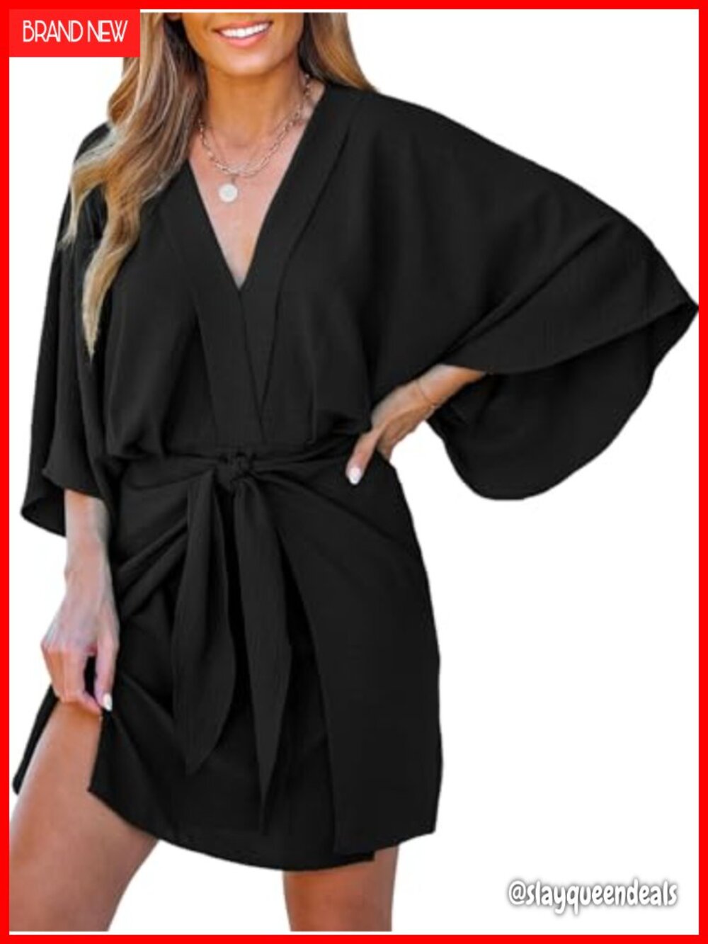 Women Summer Mini Dress V Neck Batwing Kimono Sleeve Beach Vacation Resort Wear